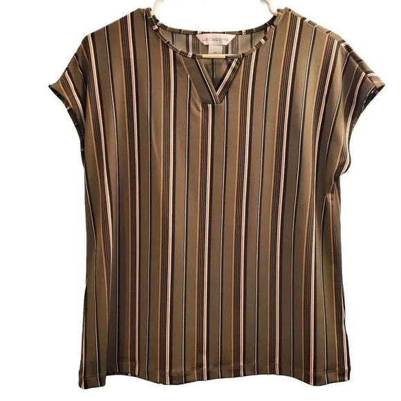 Liz Claiborne Blouse Womens PS Olive Green Striped Keyhole Vneck Petite Small - Picture 1 of 4